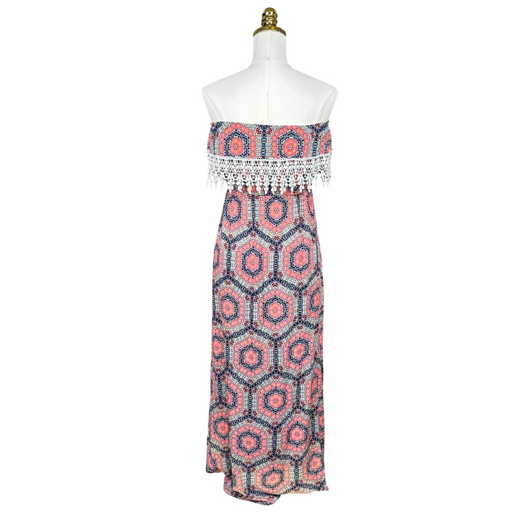 Trixxi Strapless Maxi Dress Geometric Medallion Crochet Lace Smocked Waist - Picture 5 of 7